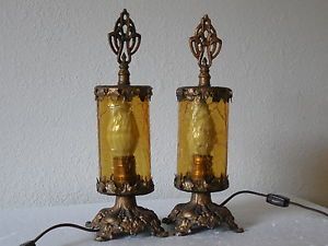 Antique Pair Art Nouveau Amber Crackle Glass Cylinder Lamps