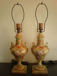 Stunning Pair Antique Vtg Hand Painted Floral Ceramic Porcelain Urn Lamps