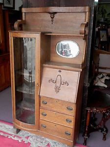 Vintage Oak Drop Front Desk Book Case Secretary Mirrored China Display Cabinet