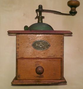 Antique German Wood Box Coffee Mill Grinder