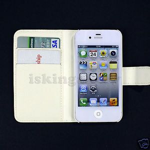 Luxury Magnetic Card Holder PU Leather Flip Case for Apple iPhone 4 4S Wht SG