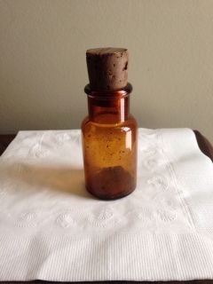 Old Amber Brown Glass Wide Mouth Bottle with Cork Medicine