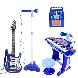 Blue Piano Keyboard Toy Microphone Blue Karaoke Guitar Amplifier Band