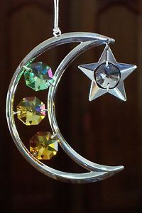 Silver Moon and Stars Christmas Ornament with Multicolored Crystals