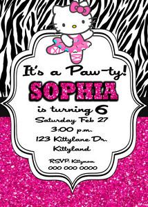 Hello Kitty Zebra Pink Glitter Birthday Party Invitations Custom Printable