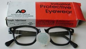 Vtg 60s American Optical Black Flexi Fit Safety Glasses Horn Rimmed AO w Box