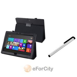 Black Folio Leather with Stand Case Silver Pen Stylus for Microsoft Surface RT