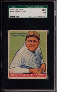 1933 Goudey Babe Ruth 181 HOF Yankees SGC 40 VG 3