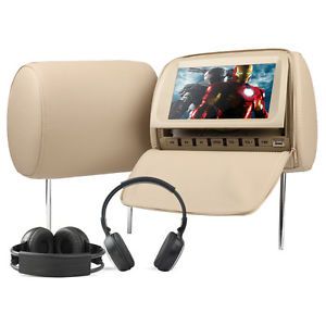 Beige Tan Car 2x9"LCD Pillow Headrest Monitor DVD Player IR Headphone Game FM