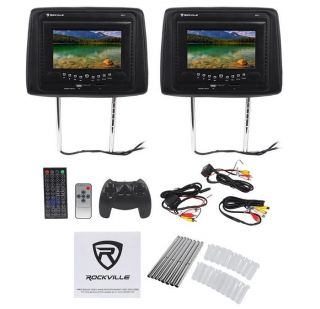 Rockville RDP71 BK 7” Black Car Headrest Monitors w DVD USB SD Player Games