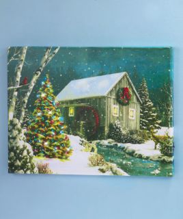 Barn w Tree Color Changing Fiber Optic Holiday Art Christmas Wall Home Decor