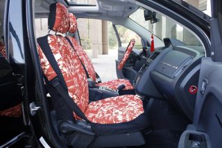 19pc Set Red Hawaii Floral Black Car Seat Covers Wheel Belt Pads Head Floor Mats