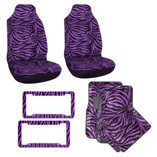8PC Set Purple Zebra Print Bucket Car Seat Covers Floor Mats License Plate Frame
