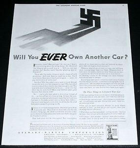 1942 Old WWII Magazine Print Ad Stewart Warner Car Care Tips Nazi War Art