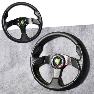 Universal 320mm Black PVC Leather Yellow Stitch 6 Bolt Steering Wheel Horn