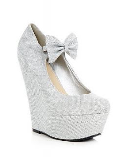 Silver Bow Glitter Wedges