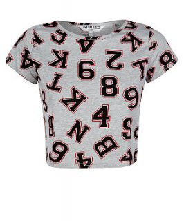 Teens Grey Number and Letter Print Crop Top