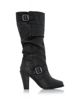 Black Leather Look Block Heel High Leg Boots