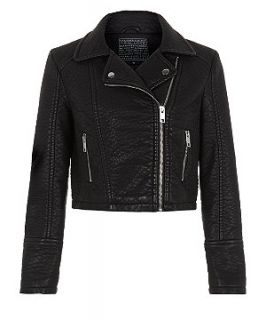 Black Leather Look Textured Biker Jacket