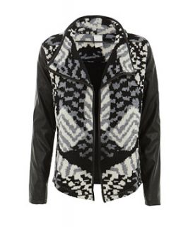 Vila Black Rebecca Leather Look Sleeve Aztec Jacket