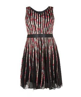 Lovedrobe Red and Black V Neck Floral Stripe Dress
