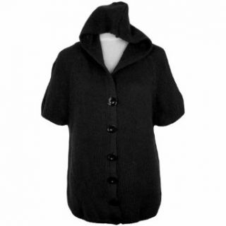 Black Short Sleeve Hooded Thick Knit Sweater Jacket