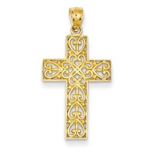 14k Yellow Gold Diamond cut Filigree Cross Charm Pendant 24mmx17mm Jewelry