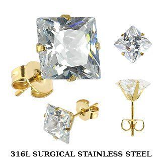Square Stud Earring 4mm   Pair of Gold Plated Stud Earring with Princess Cut 4mm Diameter Square Clear CZ 