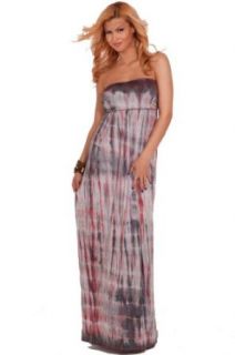 Strapless Empire Waist Casual Tie Dye Loose Long Summer Full Length Maxi Dress, RED GRAY Large Clothing