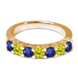 1.41 Ct Round Blue Sapphire Canary Diamond 14K Yellow Gold Wedding Band Ring Jewelry