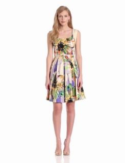 London Times Women's Printed Fit And Flare Dress With Belt, Multi, 4