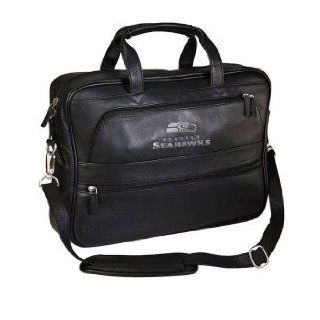 18" NFL Seattle Seahawks Debossed Black Leather Laptop Bag   Sports Fan Bags