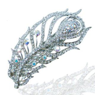Bridal Silver Tone Peacock Feather Clear Austrian Crystal Hair Clip Jewelry