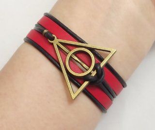 Made In USA (B 116) Original Genuine Leather Deathly Hallows Harry Potter Red Black With Bronze Color Charm Bracelet Jewelry