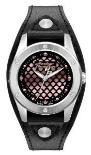 Harley Davidson� Bulova� Women's Stainless Steel Black Leather Strap Watch. Pink Logo and Bar & Shield Pattern Dial. Sweep Second Hand. 76L163 Watches