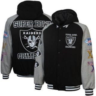 Oakland Raiders 3X Super Bowl Champs Defender Commemorative Full Button Hooded Jacket   Black/Gray