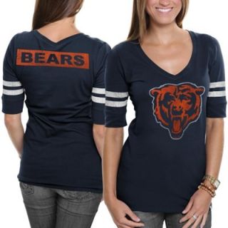 47 Brand Chicago Bears Ladies Flanker Stripe V Neck T Shirt   Navy Blue