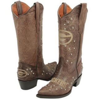 Green Bay Packers Womens Crystal Accent Cowboy Boots   Brown