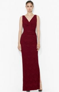 Adrianna Papell Embellished Lace Yoke Pleat Mesh Gown (Regular & Petite)