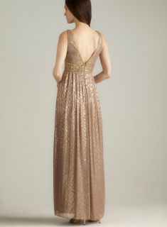 Adrianna Papell Sequined Bodice Metallic Pleated Gown Adrianna Papell Evening & Formal Dresses
