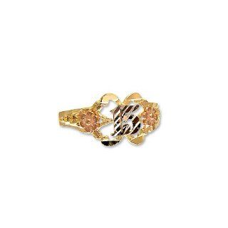 14k Tricolor Gold, Rose Design Dainty 15 Anos Quinceanera Ring with Sparkly Accents Jewelry