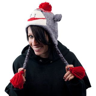 Adult Size Gray Sock Monkey Knit Hat with Poly Fleece Lining Women's Hats
