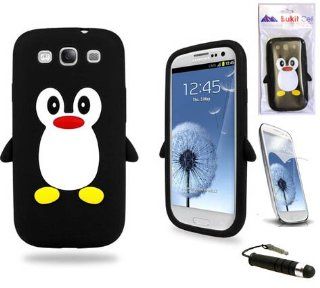 Samsung Black Penguin Silicone Case Cover with Free Custom Screen Protector, WirelessGeeks247 Metallic Detachable Touch Screen Stylus Pen and Anti Dust Plug For Samsung Galaxy S3 i9300 Cell Phones & Accessories
