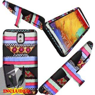 Samsung Galaxy Note 3   2 Piece Silicon Soft Skin Hard Plastic Kickstand "CROSS" Case Cover, Colorful Indian Pattern + SCREEN PROTECTOR & CAR CHARGER Cell Phones & Accessories