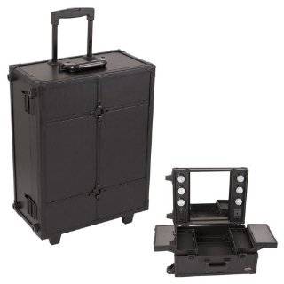 Sunrise All Black Leather Professional Wheeled Rolling Makeup Studio Case Organizer With Lights And Beauty