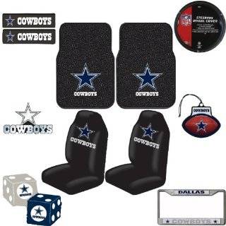 Dallas Cowboys NFL Team Logo Car Truck SUV Front Seat Rubber Floor Mats Universal fit Bucket Seat Covers Steering Wheel Cover Seat Belt Shoulder Pads Chrome Emblem Fuzzy Rear View Mirror Dice License Plate Frame 3 PACK Air Freshener Ultimate Fan Auto Acces