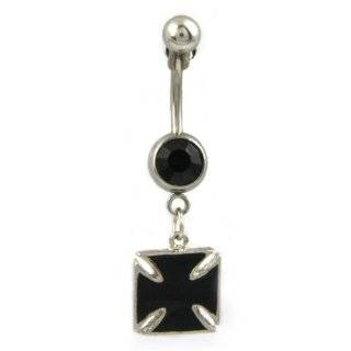 14g Surgical Steel Black Iron Cross Belly Ring w/ Black Colored Crystal Jewelry