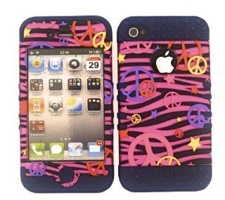 3 IN 1 HYBRID SILICONE COVER FOR APPLE IPHONE 4 4S HARD CASE SOFT DARK BLUE RUBBER SKIN ZEBRA PEACE DB TE322 S KOOL KASE ROCKER CELL PHONE ACCESSORY EXCLUSIVE BY MANDMWIRELESS Cell Phones & Accessories