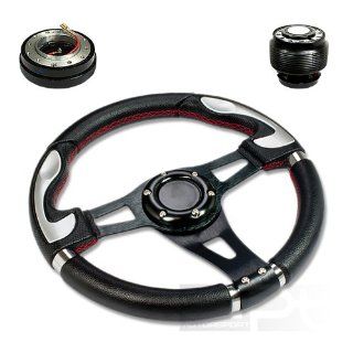 SW T340+HUB OH90+QL 2, 320mm 12.5" Black PVC Leather Red Stitch Silver Trim Black Spoke 6 Hole Racing Aluminum Steering Wheel with OH90 Short Hub Adapter and 2" Slim Quick Release with Horn Button Automotive