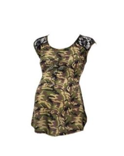 Camouflage Printed Laced Shoulder Maternity Tank Top Beaded Front Cross